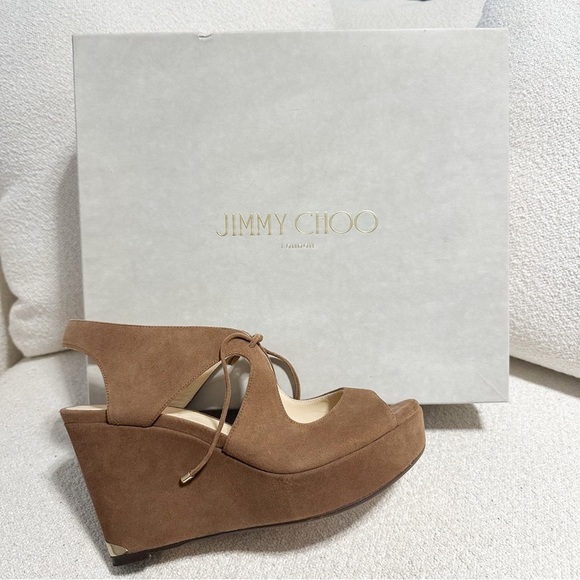 Jimmy Choo Nayeem Suede Platform Strappy Wedge Sandals Khaki Brown sz 40 - Picture 7 of 11